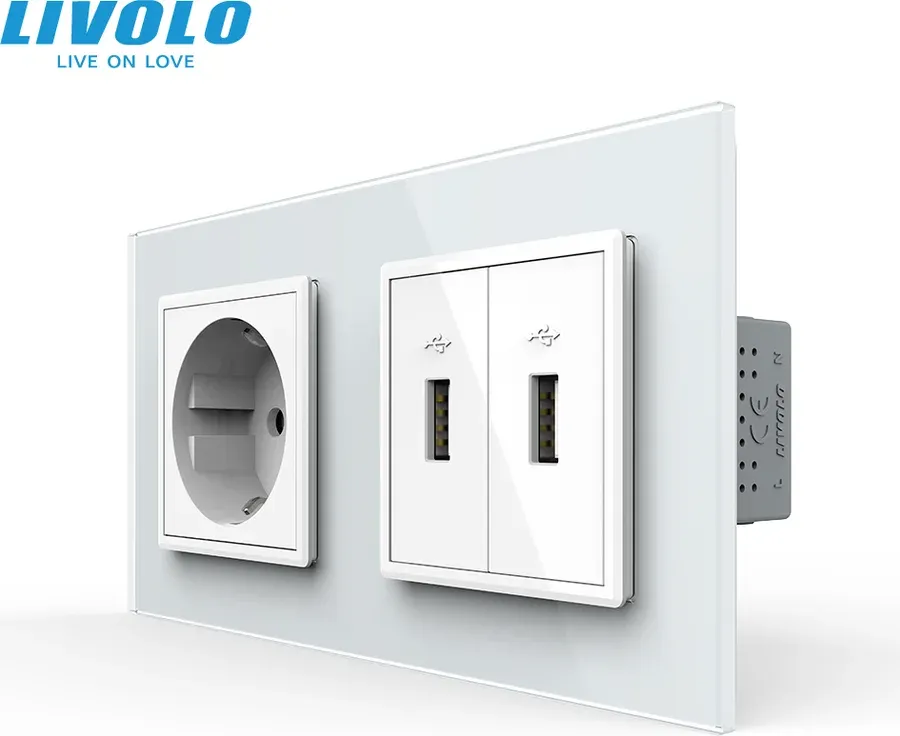 Розетка LIVOLO з заземленням і двома USB розетками, біла, настінна дизайнерська, скляна рамка