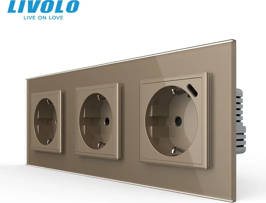 Розетка LIVOLO з USB Type-C 18Вт, із заземленням, шторки, золота, скляна рамка, 250В 16А