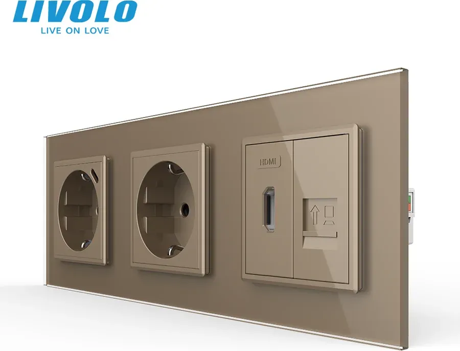 Розетка LIVOLO з USB 18Вт, HDMI і Інтернет RJ-45, із заземленням, шторки, золота, скляна рамка, 250В 16А
