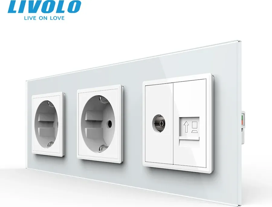 Розетка тримісна LIVOLO Силова + Інтернет RJ-45 + ТБ, біла, настінна, скляна рамка