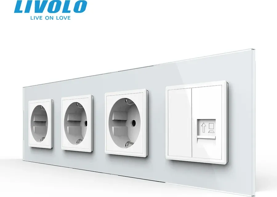 Розетка чотиримісна LIVOLO Силова + Інтернет RJ-45, біла, настінна, скляна рамка