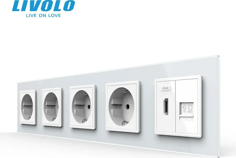 Розетка п’ятимісна з HDMI і Інтернет RJ-45, LIVOLO біла, настінна, скляна рамка
