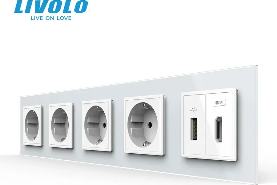 Розетка п’ятимісна з USB 10Вт, інтернет портом RJ-45 і HDMI, біла, настінна дизайнерська, скляна рамка
