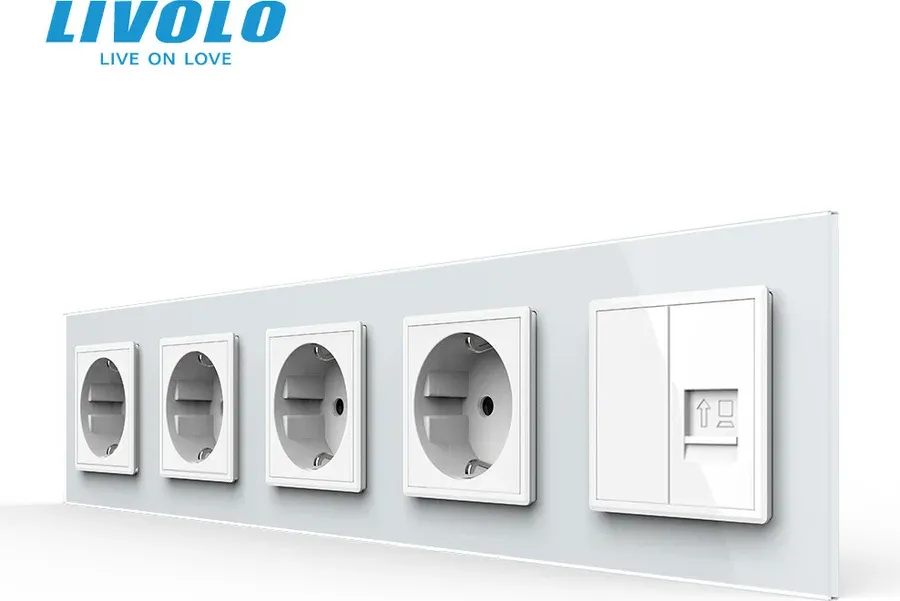 Розетка п’ятимісна LIVOLO Силова + Інтернет RJ-45, біла, настінна, скляна рамка
