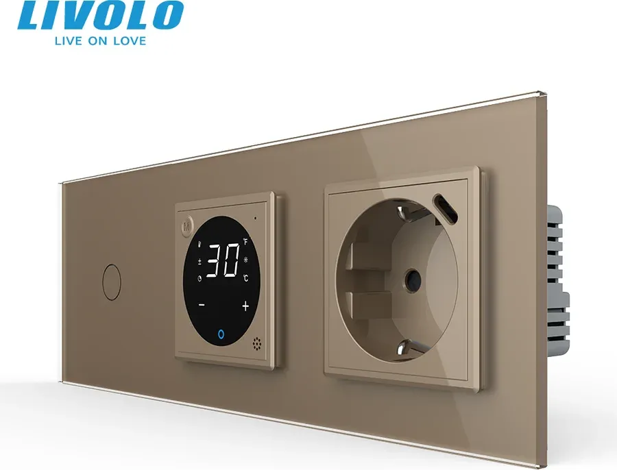 Розумний терморегулятор LIVOLO програмований, прохідний вимикач, розетка USB Type-C 18 Вт, золото, скло