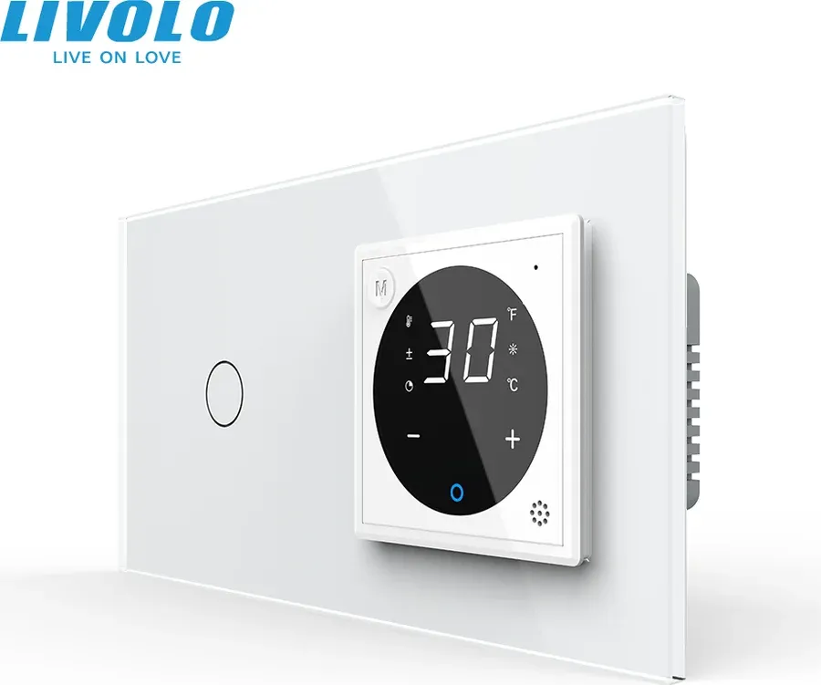 Розумний терморегулятор LIVOLO з керуваннямз телефона, прохідний вимикач, білий, скляна рамка