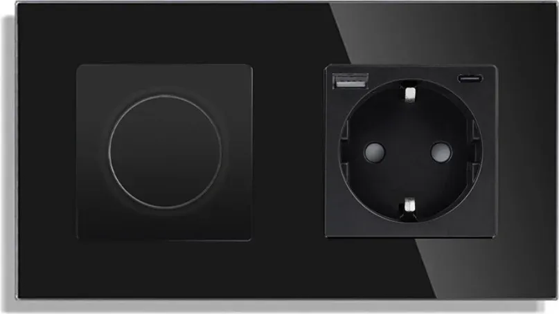 Роторний димер з розеткою USB A+C 20Вт LUXION 16А 230В, із заземленням, шторки, чорний, скло