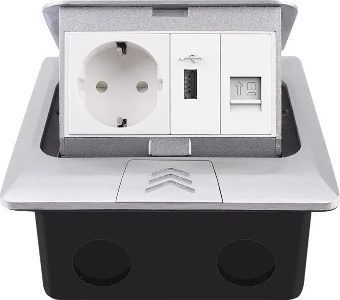 Розетка підлогова LIVOLO з USB та інтернет, вбудована, IP44, плавне відкриття, алюміній, срібна