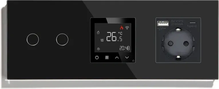 Розумний терморегулятор LUXION, прохідний подвійний вимикач з розеткою USB A+C 20Вт, чорний, скло
