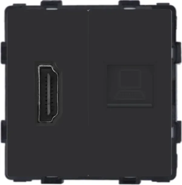 Розетка HDMI комп’ютерна RJ-45 LUXION, чорна скляна рамка, настінна дизайнерська, для ТВ і мультимедіа