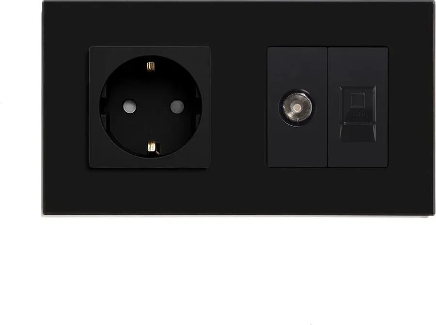 Розетка LUXION силова + інтернет (RJ-45) + ТВ, чорна, настінна дизайнерська, скляна рамка