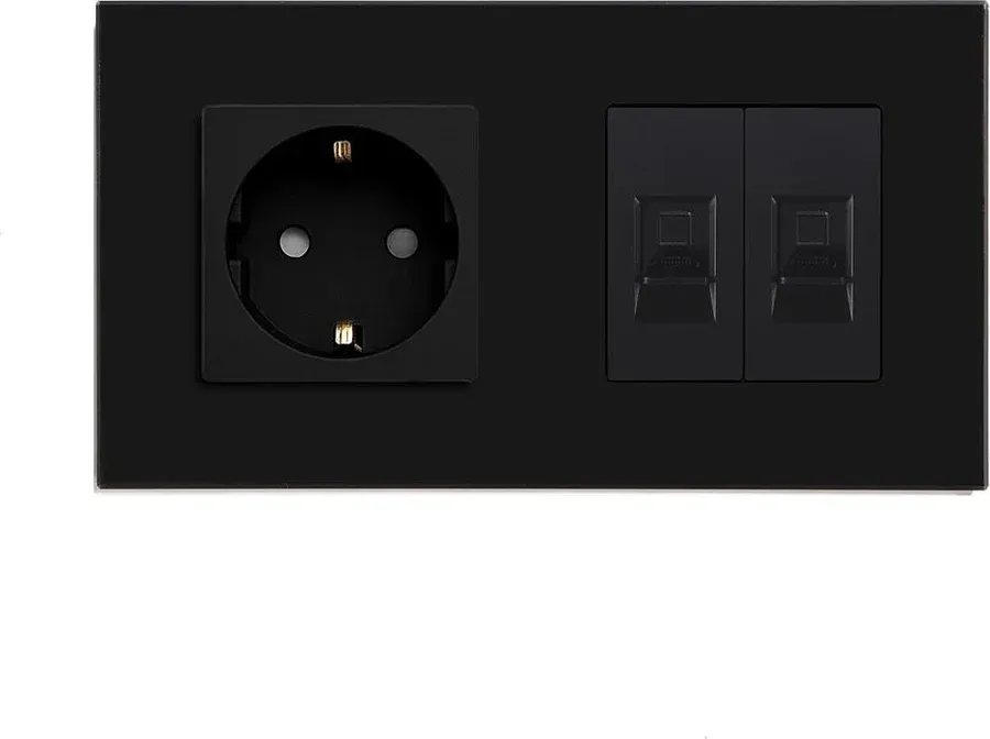 Розетка LUXION з двома інтернет портами RJ-45, чорна, настінна дизайнерська, скляна рамка