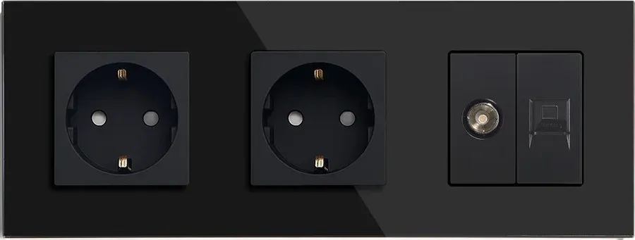 Розетка тримісна LUXION Силова + Інтернет RJ-45 + ТБ, чорна, настінна, скляна рамка