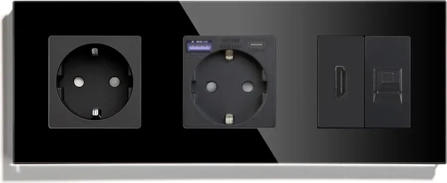 Розетка LUXION з USB 20Вт, HDMI і Інтернет RJ-45, із заземленням, шторки, чорна, скляна рамка, 250В 16А