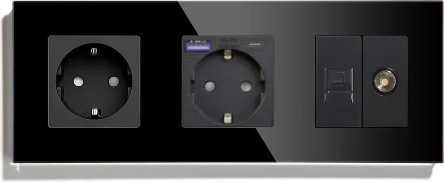 Розетка LUXION з USB 20Вт, Інтернет RJ-45 і ТВ виходом, із заземленням, шторки, чорна, скляна рамка, 250В 16А