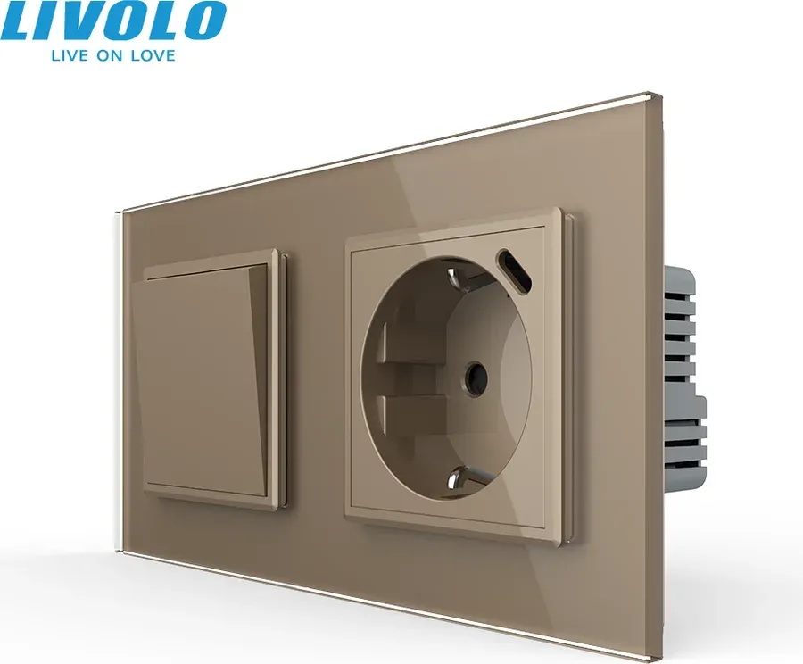 Вимикач без фіксації LIVOLO з розеткою та USB Type-C 18Вт, золото, скло, із заземленням і захисними шторками
