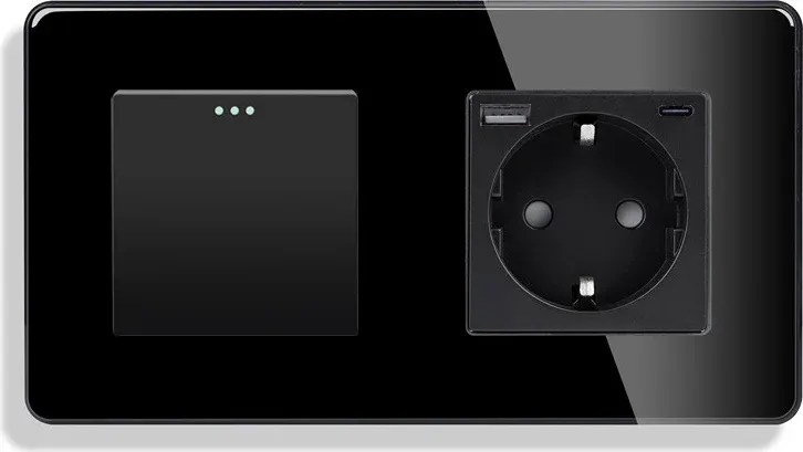 Перехресний вимикач ELIOS з розеткою та USB A+C 20Вт, чорний, скло, із заземленням і захисними шторками