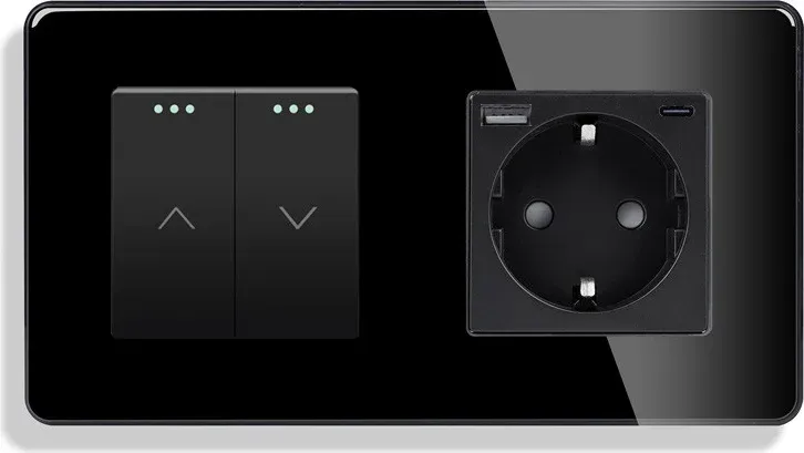 Подвійний вимикач без фіксації ELIOS з розеткою та USB A+C 20Вт, чорний, скло, заземлення