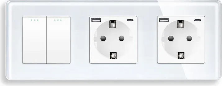 Перехресний 2-клавішний вимикач з двома розетками з USB A+C 20Вт, заземлення, захисні шторки, ELIOS білий скло