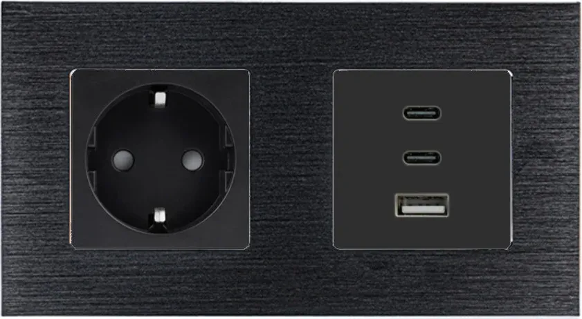 Розетка WALLPAD з USB-A та USB-C 65Вт, чорна, настінна дизайнерська, алюмінієва рамка