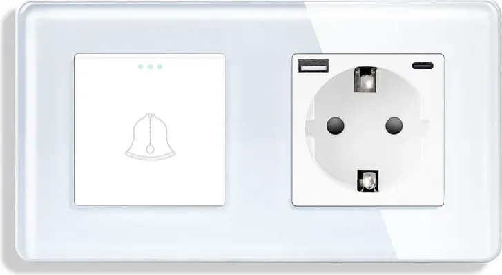 Вимикач без фіксації ELIOS з розеткою та USB A+C 20Вт, білий, скло, із заземленням і захисними шторками