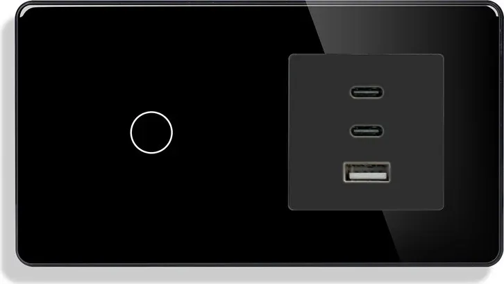 Сенсорний вимикач ELIOS з розеткою USB A+C+C 65Вт чорний скляна рамка