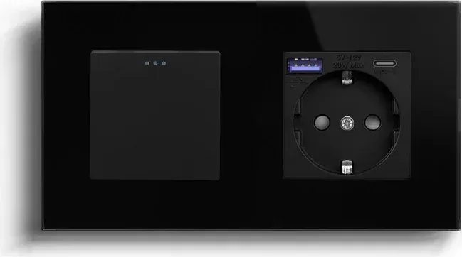 Вимикач без фіксації LUXION з розеткою та USB A+C 20Вт, чорний, скло, із заземленням і захисними шторками