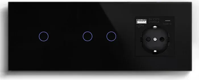Розумний прохідний сенсорний вимикач 3 сенсори (1-2) з розеткою з USB A+C 20Вт, заземлення, LUXION чорний скло