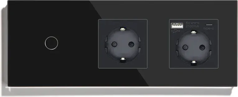 Розумний сенсорний вимикач із розеткою та розеткою USB A+C 20Вт, із заземленням і шторками LUXION чорний скло