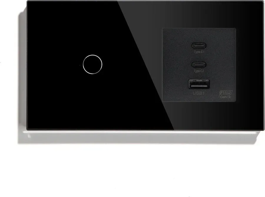 Розумний сенсорний вимикач LUXION з розеткою USB A+C+C 65Вт чорний скляна рамка