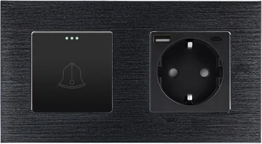 Вимикач без фіксації WALLPAD з розеткою та USB A+C 20Вт, чорний, алюміній, заземлення і захисними шторками