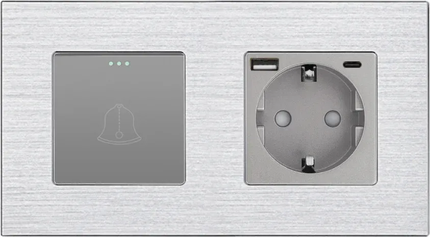 Вимикач без фіксації WALLPAD з розеткою та USB A+C 20Вт, сірий, алюміній, із заземленням і захисними шторками