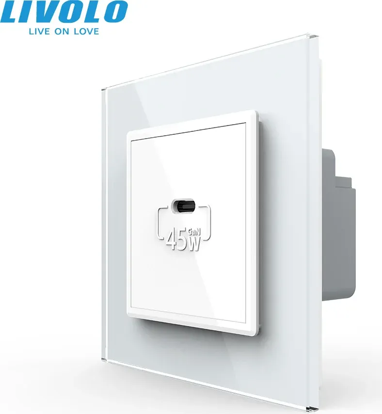 Розетка USB Type-C LIVOLO з Power Delivery 45Вт, біла, настінна, дизайнерська, скляна рамка